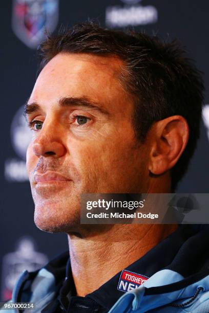 New South Wales Blues coach Brad Fittler speaks to media during a State of Origin media opportunity at Melbourne Cricket Ground on June 4, 2018 in...