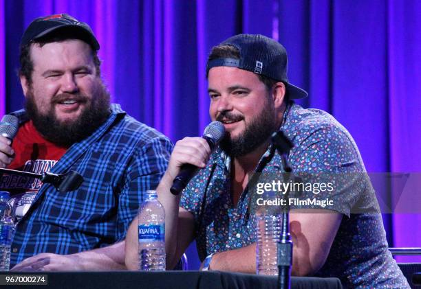 Mike Mitchell and Jon Grabus perform onstage during 'Doughboys' in the Larkin Comedy Club during Clusterfest at Civic Center Plaza and The Bill...