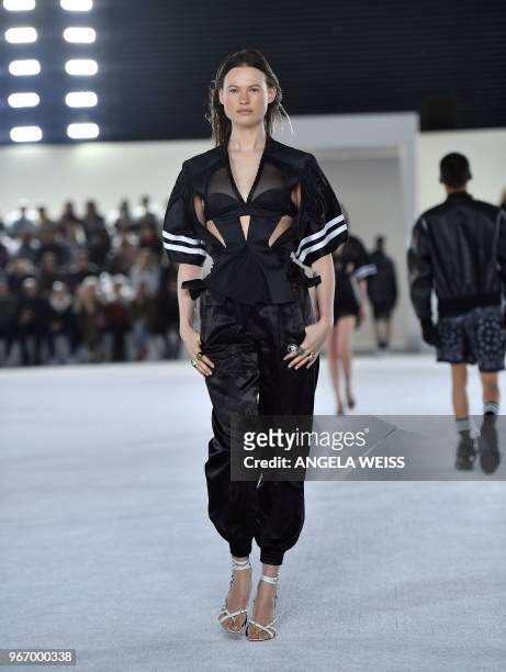 Model Behati Prinsloo walks the runway at the Alexander Wang Collection 1 show at Pier 17 on June 3, 2018 in New York City.