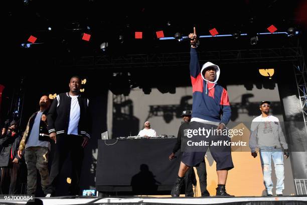 God, GZA, Mathematics, Inspectah Deck, Cappadonna and RZA of Wu-Tang Clan perform on the Colossal Stage during Clusterfest at Civic Center Plaza and...