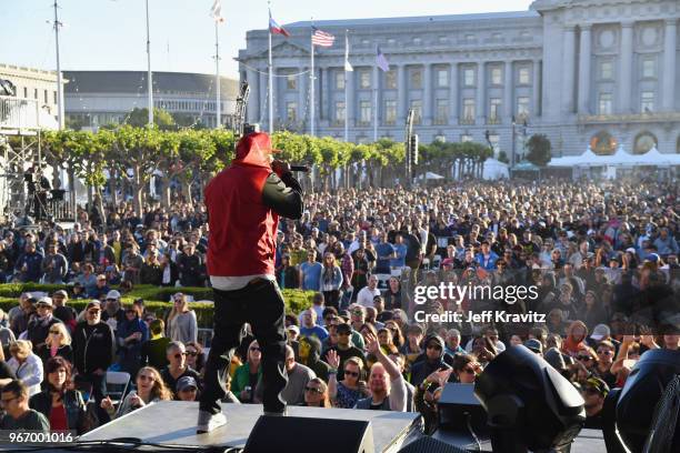 Wu-Tang Clan perform on the Colossal Stage during Clusterfest at Civic Center Plaza and The Bill Graham Civic Auditorium on June 3, 2018 in San...