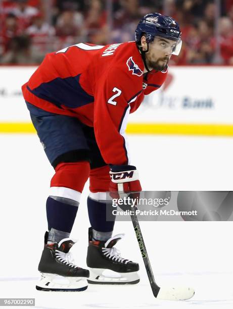 Matt Niskanen of the Washington Capitals plays against the Vegas Golden Knights during Game Three of the 2018 NHL Stanley Cup Final at Capital One...