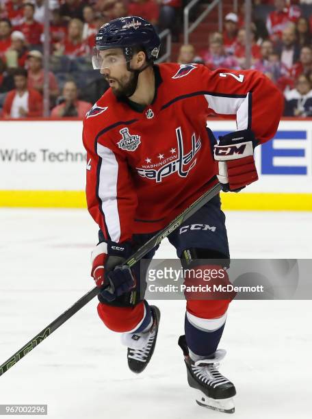 Matt Niskanen of the Washington Capitals plays against the Vegas Golden Knights during Game Three of the 2018 NHL Stanley Cup Final at Capital One...
