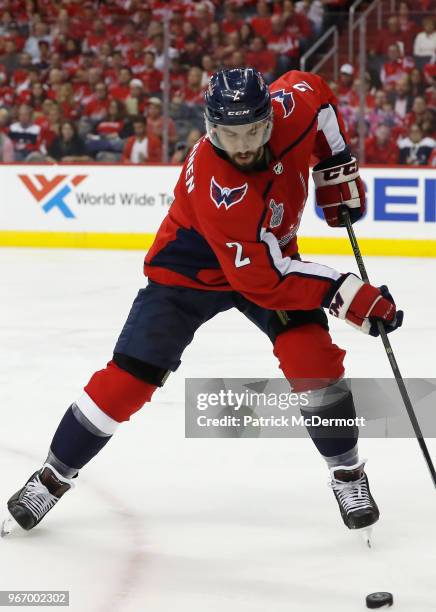 Matt Niskanen of the Washington Capitals plays against the Vegas Golden Knights during Game Three of the 2018 NHL Stanley Cup Final at Capital One...