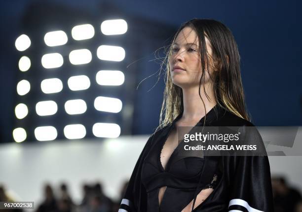 Model Behati Prinsloo walks the runway at the Alexander Wang Collection 1 show at Pier 17 on June 3, 2018 in New York City.