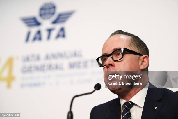 Alan Joyce, chief executive officer of Qantas Airways Ltd., speaks during the International Air Transport Association annual general meeting in...
