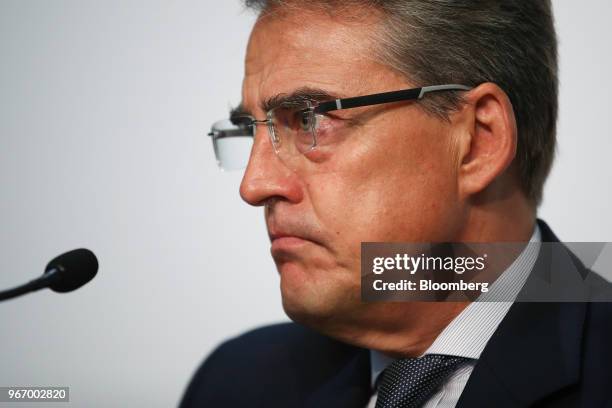 Alexandre de Juniac, director general and chief executive officer of the International Air Transport Association , listens during the IATA annual...