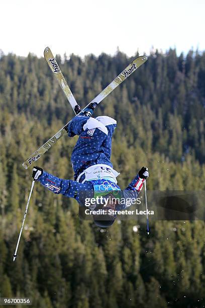 Nathan Roberts of the United States performs an aerial during the Freestyle Skiing Men's Moguls qualification run on day 3 of the 2010 Winter...