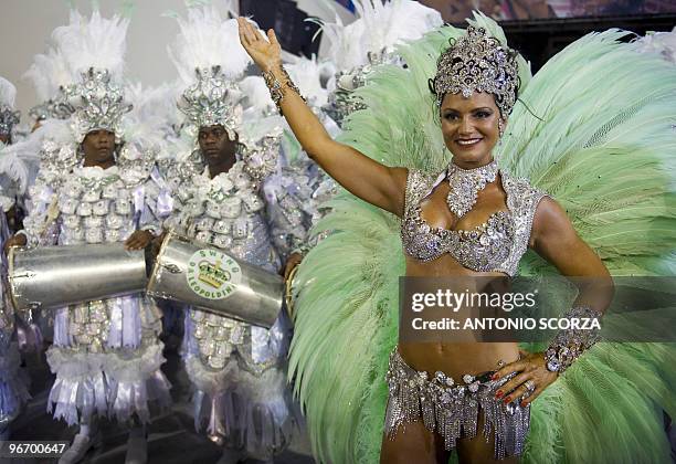 Brazilian Luiza Brunet, Queen of the Drums of the Imperatriz Leopoldinense samba school, performs ahead of the musicians, during the first night of...