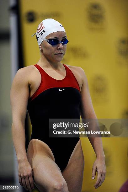 Whitney Myers prepares to swim in the Women's 100 Meter Freestyle finals during day three of the Missouri Grand Prix on February 14, 2010 at the...