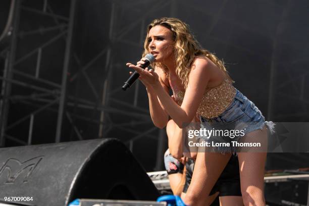 Nadine Coyle performs at Mighty Hoopla at Brockwell Park on June 3, 2018 in London, England.