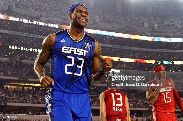 LeBron James of the Eastern Conference reacts after a play against the Western Conference during the NBA All-Star Game, part of 2010 NBA All-Star...