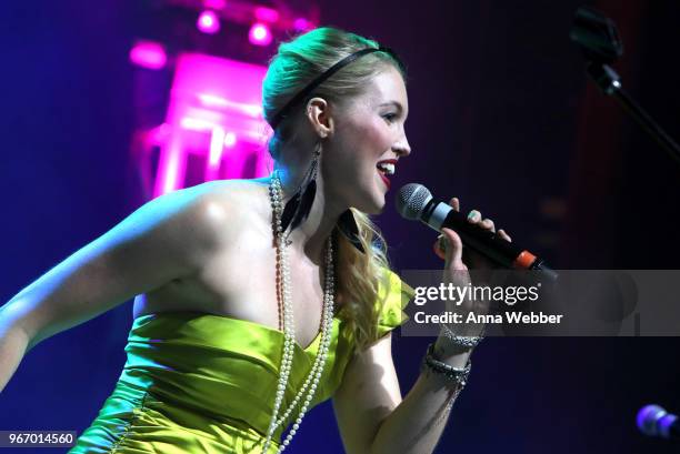 Singer-songwriter Ashley Campbell performs onstage during Nashville '80s Dance Party benefiting The Alzheimer's Association at Wildhorse Saloon on...