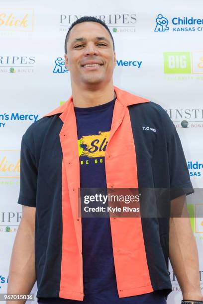 Tony Gonzalez walks the Red Carpet before participating in bowling at Pinstripes during the Big Slick Celebrity Weekend benefitting Children's Mercy...