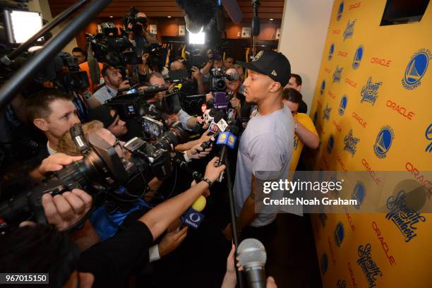 David West of the Golden State Warriors speaks to media after game against the Cleveland Cavaliers in Game Two of the 2018 NBA Finals on June 3, 2018...