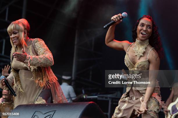 Tionne "T-Boz" Watkins and Rozonda "Chilli" Thomas of TLC perform at Mighty Hoopla at Brockwell Park on June 3, 2018 in London, England.