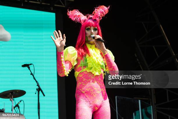 Sink The Pink member introduces Betty Who at Mighty Hoopla at Brockwell Park on June 3, 2018 in London, England.