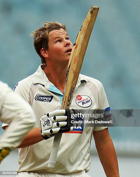 Steven Smith of the Blues celebrates his century during day four of the Sheffield Shield match between the Victorian Bushrangers and the Queensland...