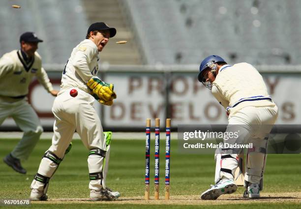 Josh Hazlewood of the Blues is bowled by Jon Holland of the Bushrangers to end the Blues second innings during day four of the Sheffield Shield match...