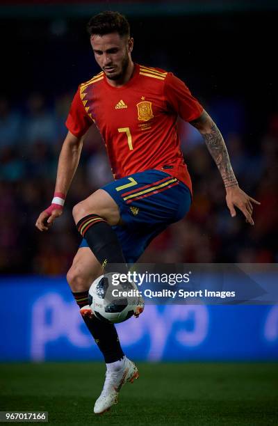 Saul Niguez of Spain in action during the International Friendly match between Spain and Switzerland at Estadio de la Ceramica on June 3, 2018 in...