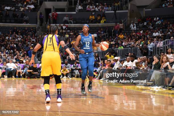 Alexis Jones of the Minnesota Lynx handles the ball against the Los Angeles Sparks on June 3, 2018 at STAPLES Center in Los Angeles, California. NOTE...