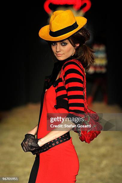 Model walks the runway at the Betsey Johnson Fall 2010 Fashion Show during Mercedes-Benz Fashion Week at the Altman Building on February 14, 2010 in...