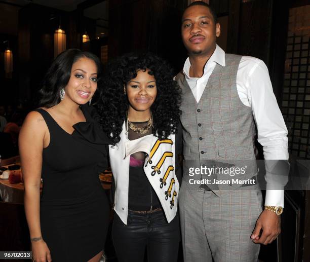 Personality LaLa Vasquez, Teyana Taylor and NBA player Carmelo Anthony attend the Carmelo Anthony Foundation All-Star brunch held at Hotel Joule on...