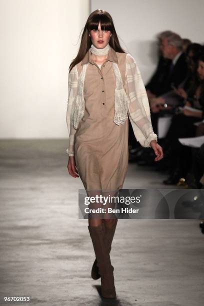 Model walks the runway at the Erin Fetherston Fall/Winter 2010 fashion show at Milk Studios on February 14, 2010 in New York City.