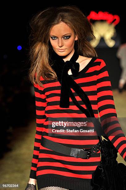 Model walks the runway at the Betsey Johnson Fall 2010 Fashion Show during Mercedes-Benz Fashion Week at the Altman Building on February 14, 2010 in...