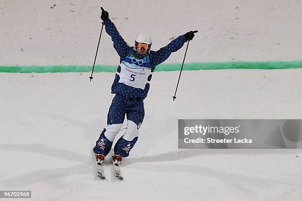 Bryon Wilson of United States celebrates the bronze medal after his final run during the Freestyle Skiing Men's Moguls on day 3 of the 2010 Winter...