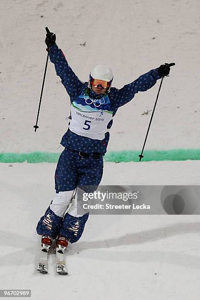 Bryon Wilson of United States celebrates the bronze medal after his final run during the Freestyle Skiing Men's Moguls on day 3 of the 2010 Winter...