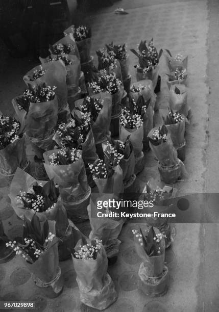Un bel étalage de muguet au marché aux fleurs Place de la Madeleine, à Paris, France le 30 avril 1934.