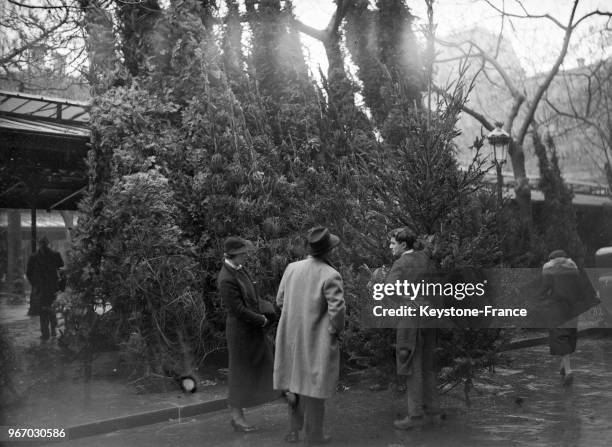 Couple choisissant un sapin de Noël au marché à Paris, France, le 19 décembre 1934.