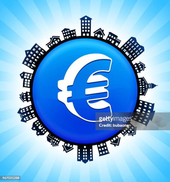 euro-zeichen auf ländlichen stadtbild skyline hintergrund - stock exchange stock-grafiken, -clipart, -cartoons und -symbole