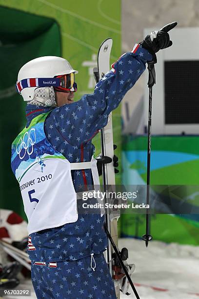 Bryon Wilson of United States celebrates the bronze medal after his final run during the Freestyle Skiing Men's Moguls on day 3 of the 2010 Winter...