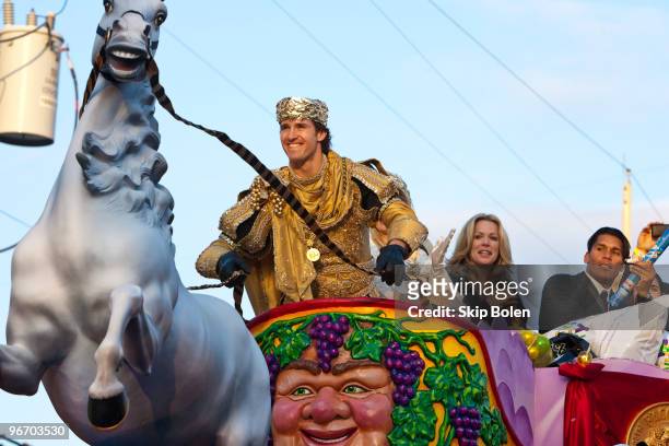 New Orleans Saints Quarterback and Super Bowl MVP Drew Brees takes the reins as he reigns as King of Bacchus in the 2010 Krewe Of Bacchus Mardi Gras...