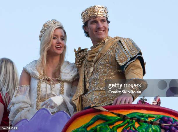 New Orleans Saints Quarterback and Super Bowl MVP Drew Brees reigns as King of Bacchus accompanied by his wife Brittany on the King's float in the...