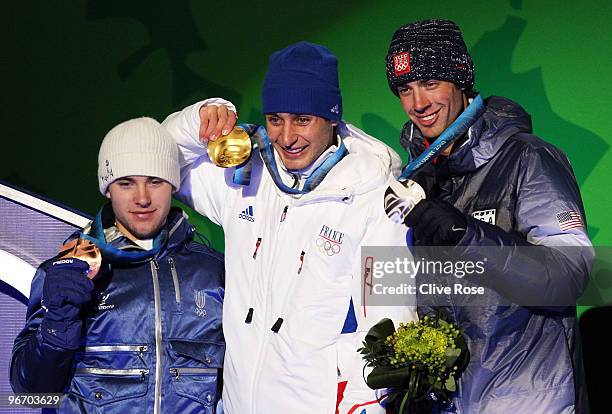 Alessandro Pittin of Italy, Jason Lamy Chappuis of France and Johnny Spillane of United States pose with their medals during the Medal ceremony for...