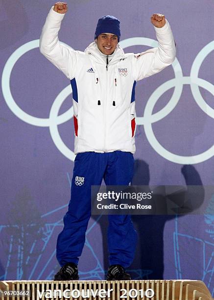 Jason Lamy Chappuis of France celebrates winning gold during the Medal ceremony for the Nordic Combined Men's Individual 10km on day 3 of the...