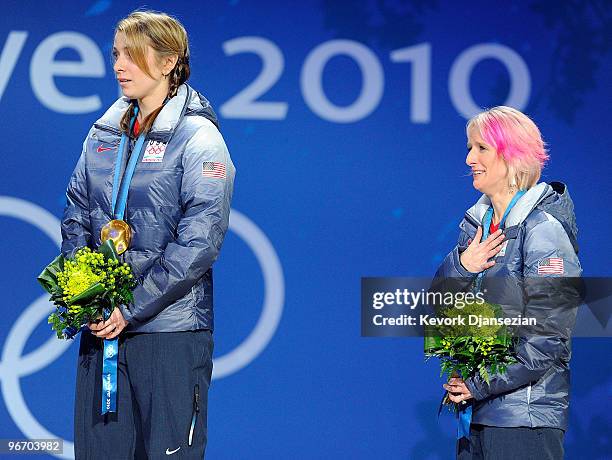 Hannah Kearney of United States celebrates gold and Shannon Bahrke of United States celebrates bronze during the medal ceremony for the Ladies Moguls...