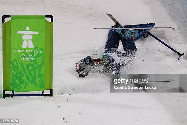 Patrick Deneen of United States crashes during the Freestyle Skiing Men's Moguls on day 3 of the 2010 Winter Olympics at Cypress Freestyle Skiing...