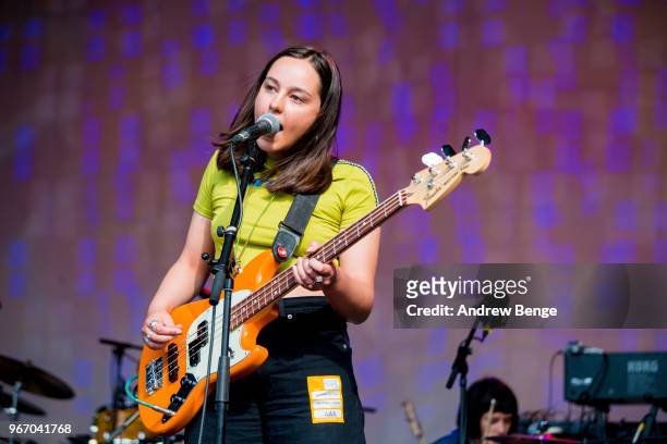 Esme Dee Hand-Halford of The Orielles performs live on stage at The Piece Hall on May 26, 2018 in Halifax, England.