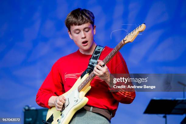 Henry Wade of The Orielles performs live on stage at The Piece Hall on May 26, 2018 in Halifax, England.