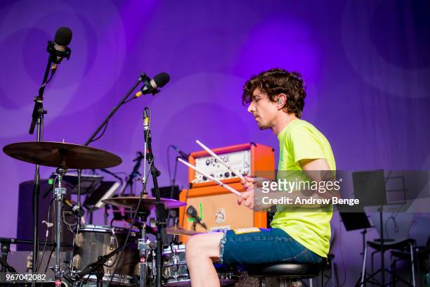 Jonathan Nash of Hookworms performs live on stage at The Piece Hall on May 26, 2018 in Halifax, England.