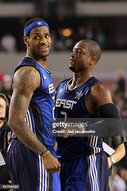 LeBron James and Dwyane Wade of the Eastern Conference celebrate their 141-139 victory over the Western Conference during the NBA All-Star Game, part...