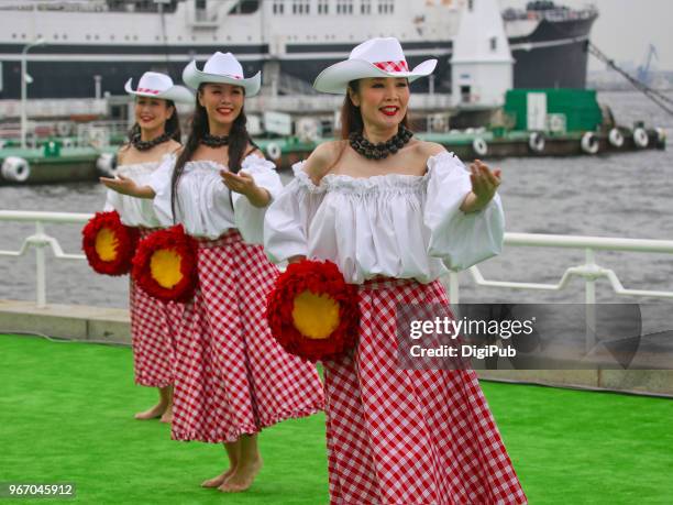 hula dancing at the yokohama central town festival 2018 - stadtbezirk naka yokohama stock-fotos und bilder