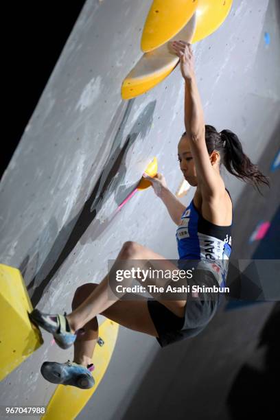 Winner Akiyo Noguchi of Japan competes in the Women's Bouldering final on day two of the IFSC World Cup Hachioji at Esforta Arena Hachioji on June 3,...