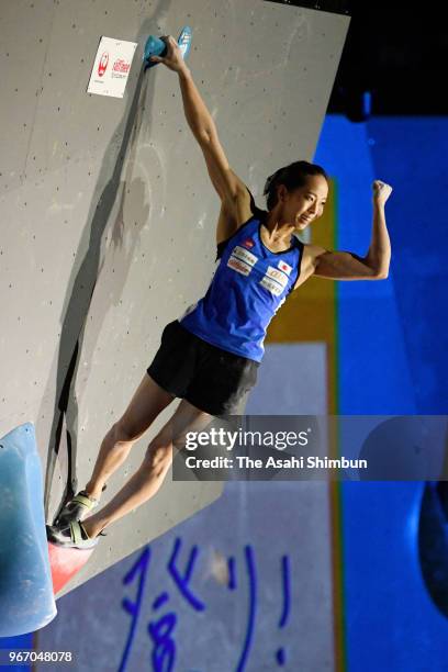 Akiyo Noguchi of Japan competes in the Women's Bouldering final on day two of the IFSC World Cup Hachioji at Esforta Arena Hachioji on June 3, 2018...