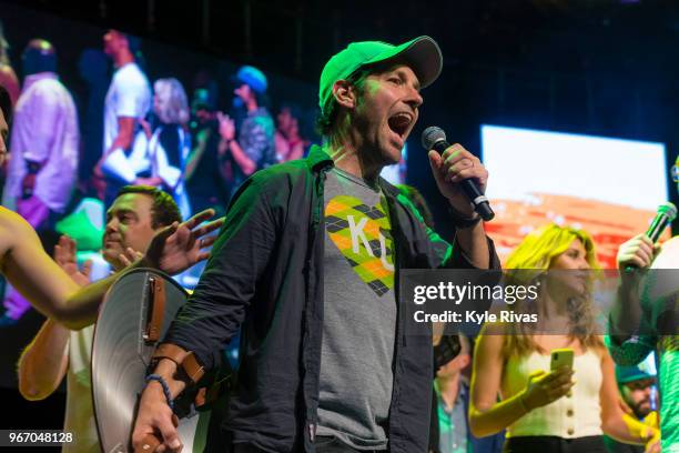 Paul Rudd auctions off a Captain America shield signed by all of the Avengers cast in the Celebrity Auction at Midland Theater during the Big Slick...