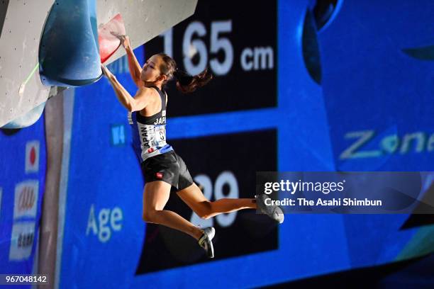 Akiyo Noguchi of Japan competes in the Women's Bouldering final on day two of the IFSC World Cup Hachioji at Esforta Arena Hachioji on June 3, 2018...